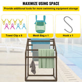 Pool Towel Rack, 5 Bar, Brown, Freestanding Outdoor PVC Trapedozal Poolside Storage Organizer, Include 8 Towel Clips, Mesh Bag, Hook, Also Stores Floats and Paddles, for Beach, Swimming Pool